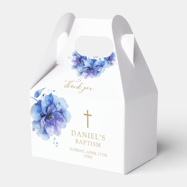 Elegant Dusty Blue Watercolor Floral Baptism Favour Box (Front Side)