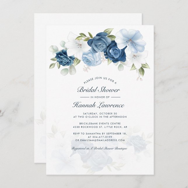 Elegant Dusty Blue Watercolor Floral Bridal Shower Invitation (Front/Back)