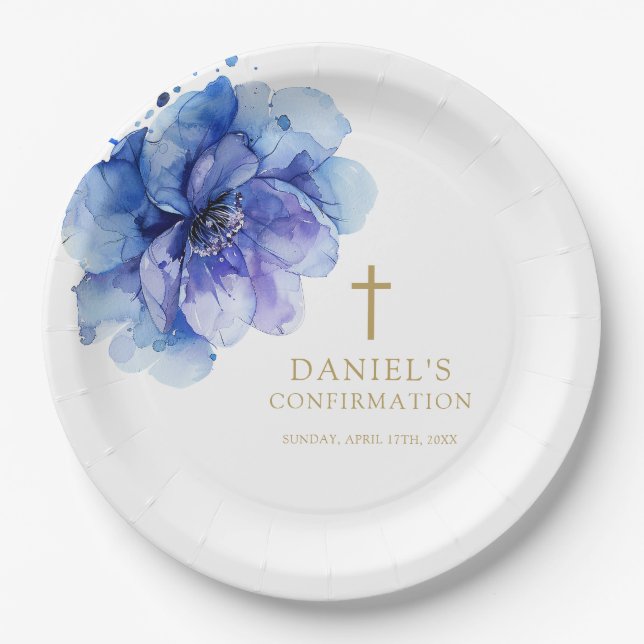 Elegant Dusty Blue Watercolor Floral Confirmation Paper Plate (Front)
