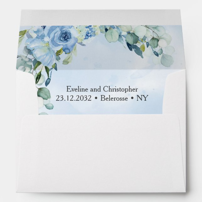 Elegant dusty blue watercolor floral gold frame envelope (Back (Bottom))