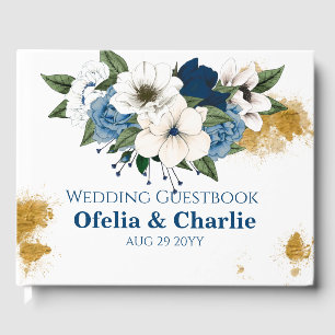 Elegant Dusty Blue Watercolor Floral Gold Wedding Guest Book