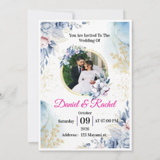 Elegant Dusty Blue Watercolor Floral Gold Wreath W Invitation