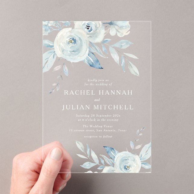 Elegant dusty blue watercolor floral wedding acrylic invitations (Insitu (Handheld))