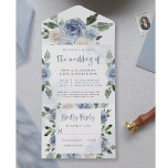 Elegant Dusty Blue Watercolor Floral Wedding All In One Invitation<br><div class="desc">These elegant all-in-one wedding invitations feature pretty dusty blue watercolor flowers,  with plenty of stylish greenery and modern calligraphy,  and a subtle blue watercolor wash. A romantic and simple floral look.</div>