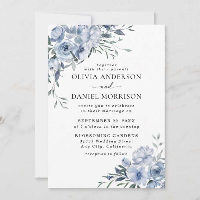 Elegant Dusty Blue Watercolor Floral Wedding Invitation (Front)