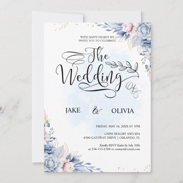 Elegant Dusty Blue Watercolor Floral Wedding  Invitation (Front)