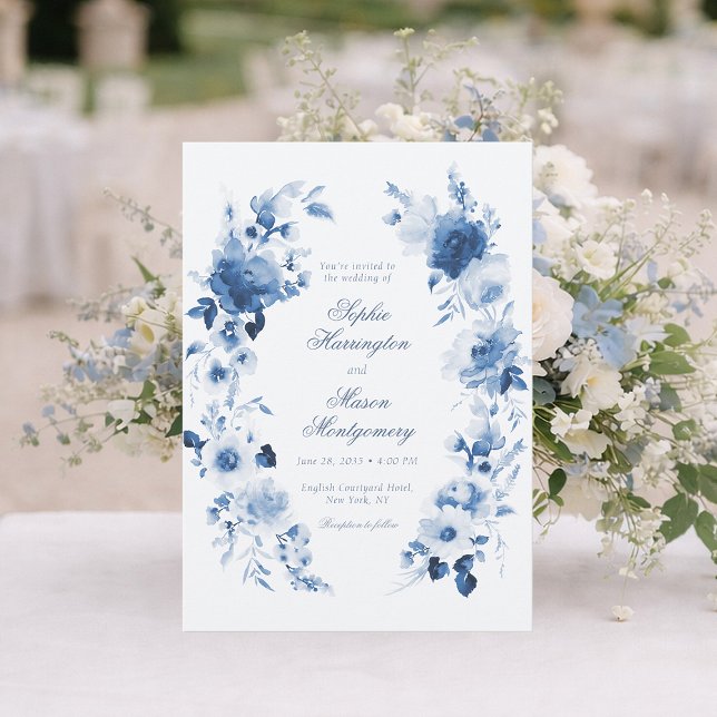 Elegant Dusty Blue Watercolor Floral Wedding Invitation (Creator Uploaded)
