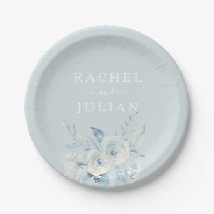 elegant dusty blue watercolor floral wedding paper plate