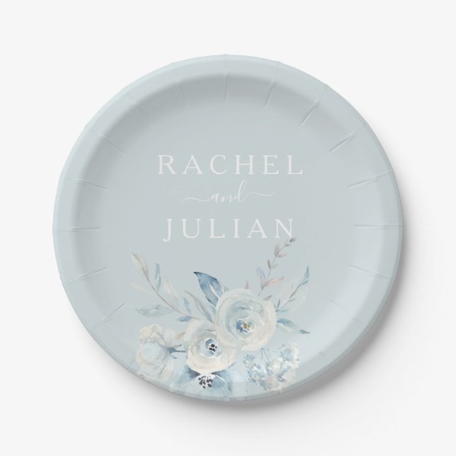 elegant dusty blue watercolor floral wedding  paper plate (Front)