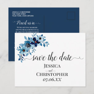 elegant dusty Blue watercolor flower bouquet Announcement Postcard