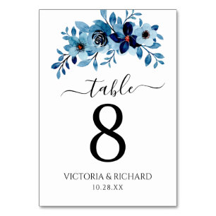 Elegant Dusty Blue Watercolor Flower Bouquet Table Number