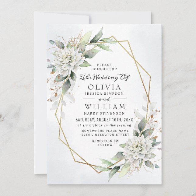 Elegant Dusty Blue Watercolor Greenery Wedding Invitation (Front)