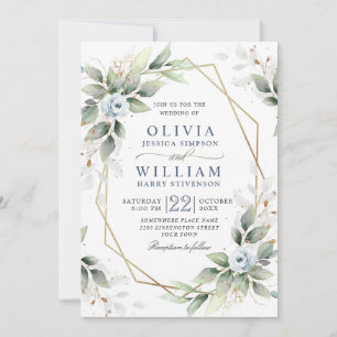 Elegant Dusty Blue Watercolor Greenery Wedding Invitation