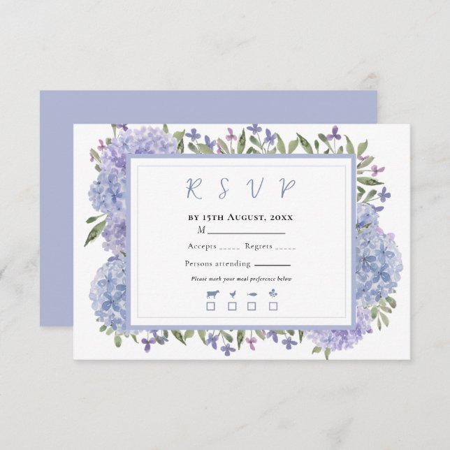 Elegant Dusty Blue  Watercolor Hydrangeas Wedding RSVP Card (Front/Back)