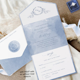 Elegant Dusty Blue Watercolor Monogram Wedding All In One Invitation