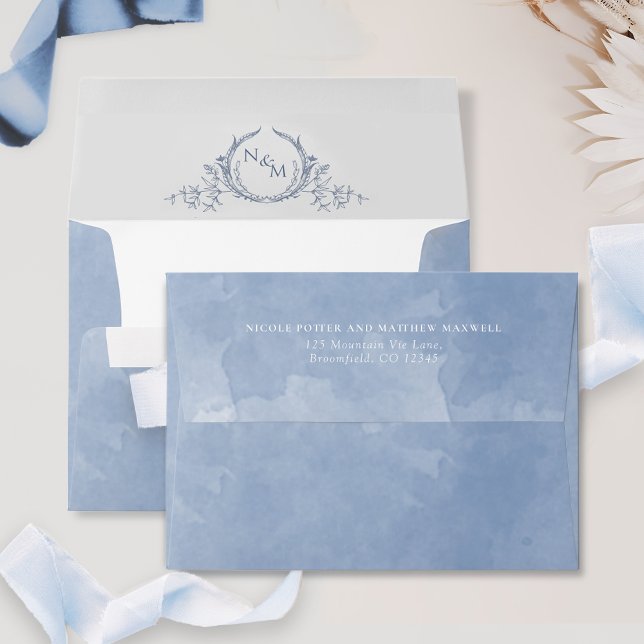 Elegant Dusty Blue Watercolor Monogram Wedding Envelope (Creator Uploaded)