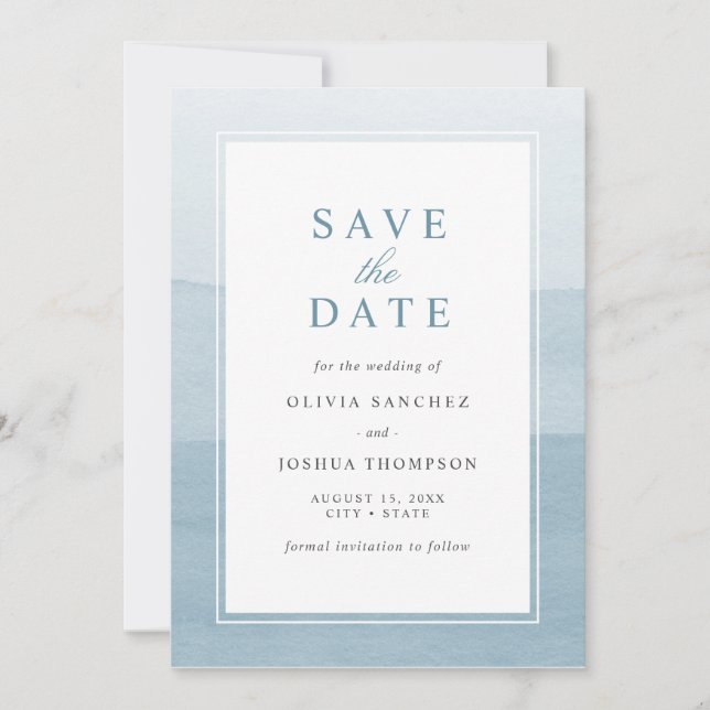 Elegant Dusty Blue Watercolor Ombre Save The Date  (Front)