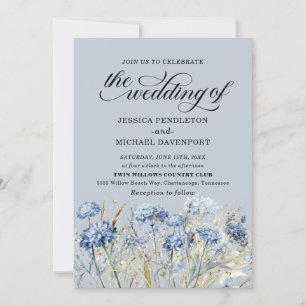 Elegant Dusty Blue Watercolor Wildflowers Wedding Invitation