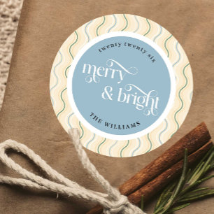 Elegant Dusty Blue Wavy Stripes Merry Christmas Classic Round Sticker