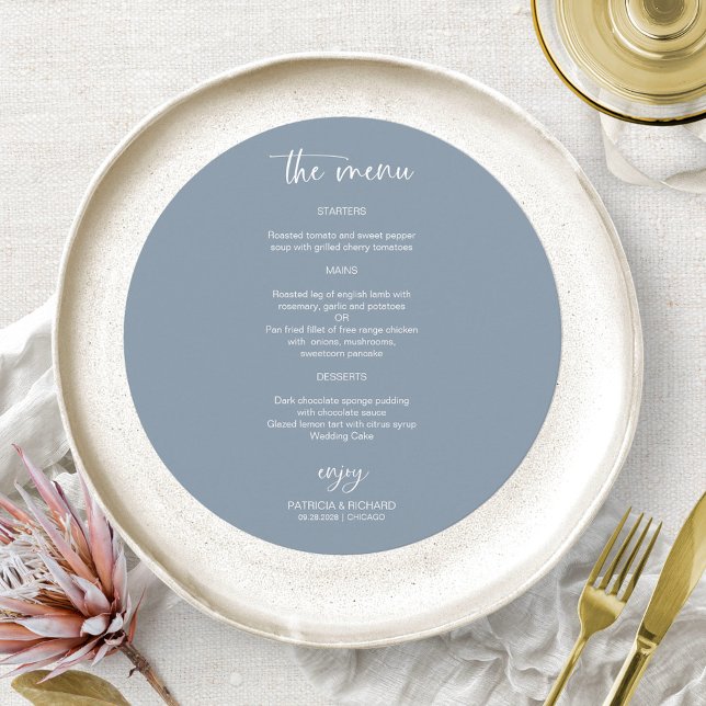 Elegant Dusty Blue Wedding Circle Menu Cards (Creator Uploaded)