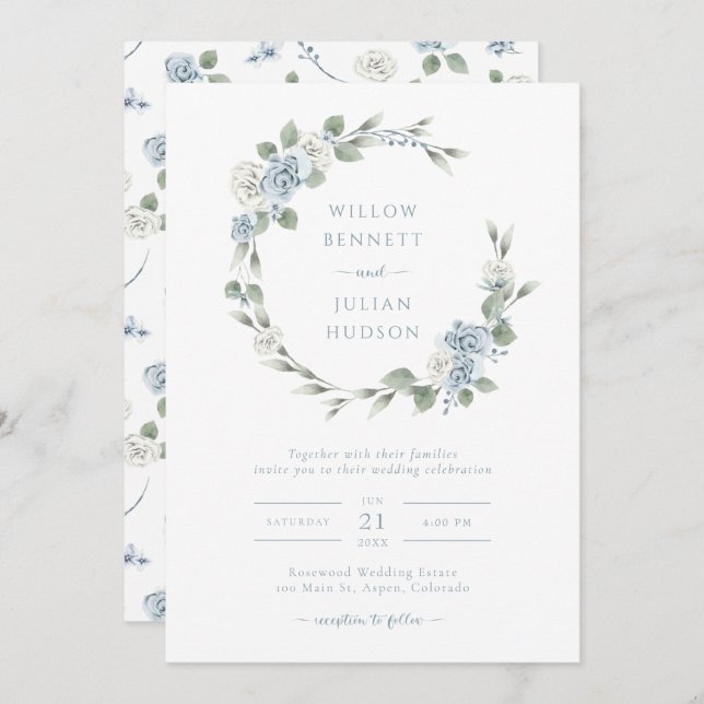 Elegant Dusty Blue Wedding Invitation (Front/Back)