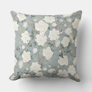 Elegant Dusty Blue White Chinoiserie Flowers Birds Cushion