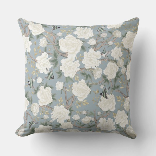 Elegant Dusty Blue White Chinoiserie Flowers Birds Cushion (Front)