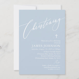 Elegant Dusty Blue White Cross Boy Christening Invitation