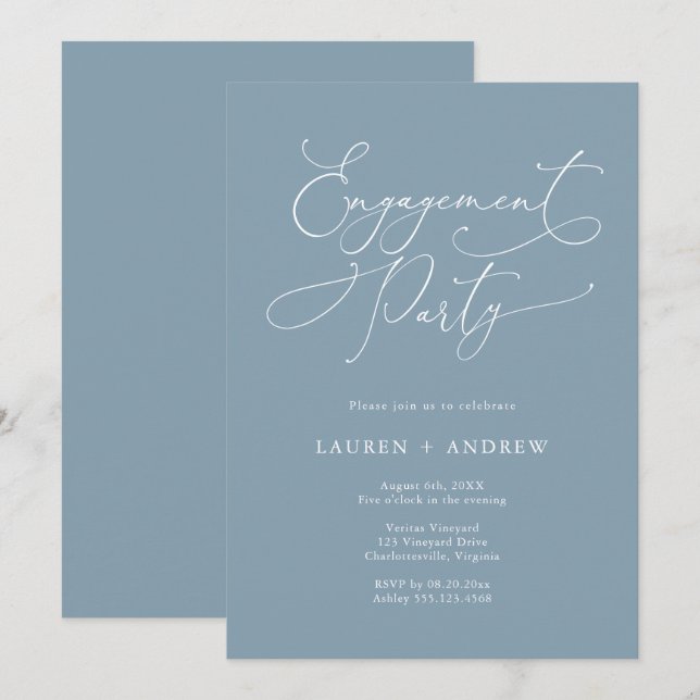 Elegant Dusty Blue & White Engagement Party Invitation (Front/Back)