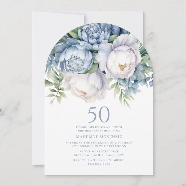 Elegant Dusty Blue White Floral 50th Birthday Arch Invitation (Front)