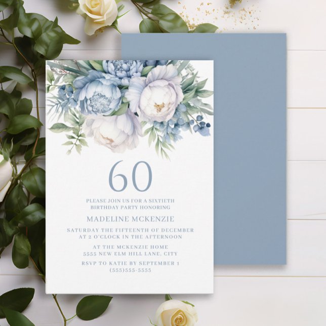 Elegant Dusty Blue White Floral 60th Birthday Invitation (Dusty blue and white floral 60th birthday party invitation)