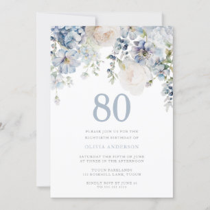 Elegant Dusty Blue & White Floral 80th Birthday Invitation