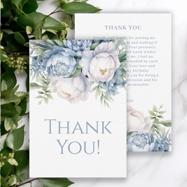 Elegant Dusty Blue White Floral Birthday Thank You (Elegant dusty blue and white watercolor floral women's birthday party thank you card.)