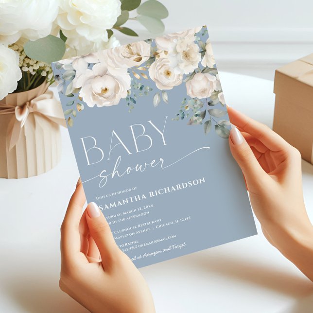 Elegant dusty blue white floral boy baby shower invitation (Creator Uploaded)