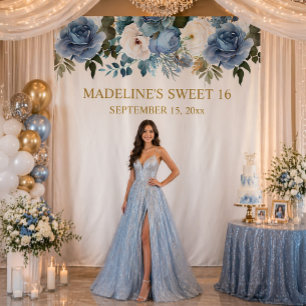 Elegant Dusty Blue White Floral Sweet 16 Photo  Tapestry