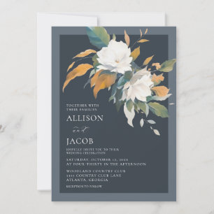 Elegant Dusty Blue White Floral Wedding Invitation