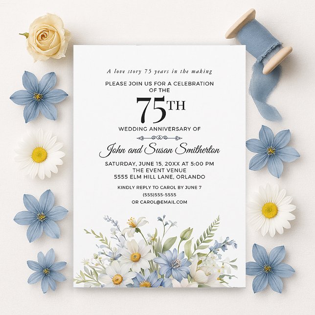 Elegant Dusty Blue White Flowers 75th Anniversary Invitation (Elegant dusty blue watercolor floral and white daisies 75th wedding anniversary invitation)