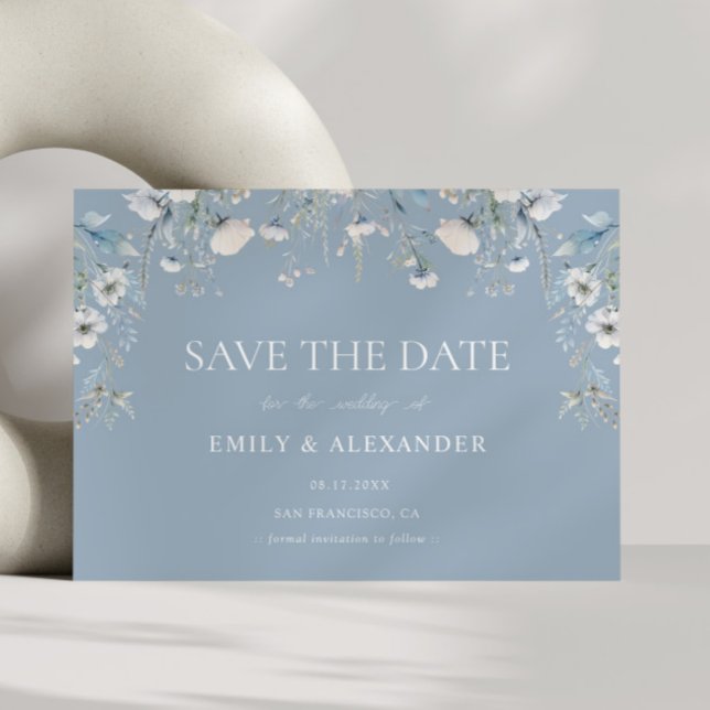 Elegant Dusty Blue White Flowers Photo Wedding Save The Date (Creator Uploaded)