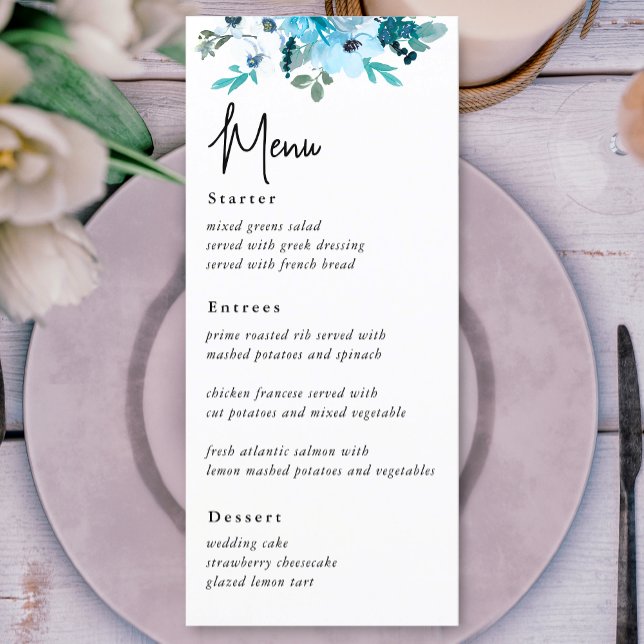 Elegant dusty blue white flowers wedding menu (Creator Uploaded)