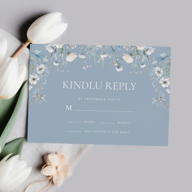 Elegant Dusty Blue White Flowers Wedding RSVP Card (Creator Uploaded)