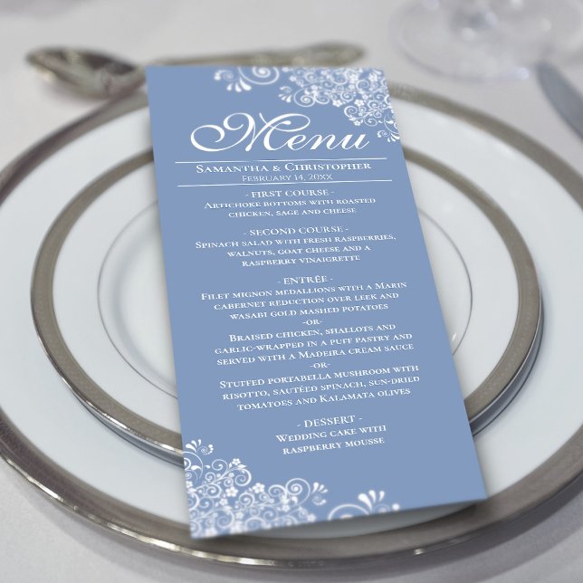 Elegant Dusty Blue & White Frilly Corners Wedding Menu (On Plate)