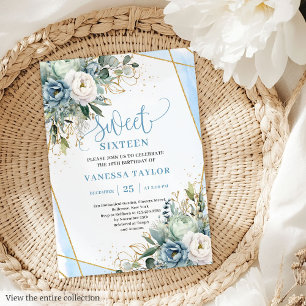 Elegant Dusty Blue White Gold Floral Sweet 16   Invitation