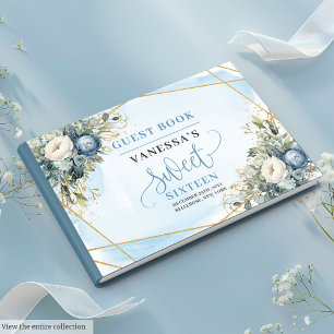 Elegant Dusty Blue White Gold Floral Sweet Sixteen Guest Book