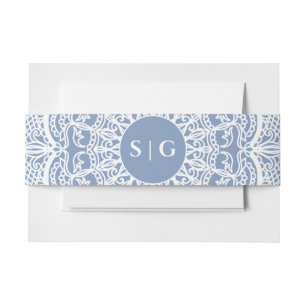 Elegant dusty blue white lace mandala classic invitation belly band