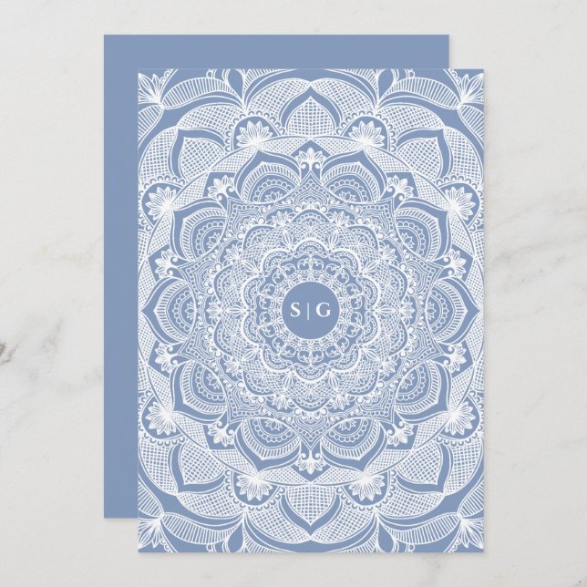 Elegant dusty blue white lace mandala classic save the date (Front/Back)