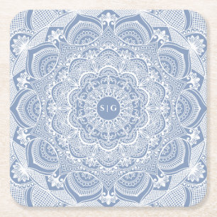 Elegant dusty blue white lace mandala classic square paper coaster