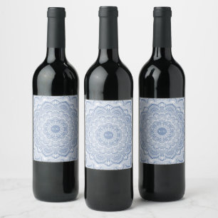 Elegant dusty blue white lace mandala classic wine label
