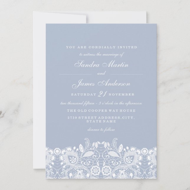 Elegant Dusty Blue White Lace Wedding Invite (Front)