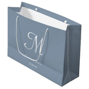 Elegant Dusty Blue & White Monogram Name  Large Gift Bag