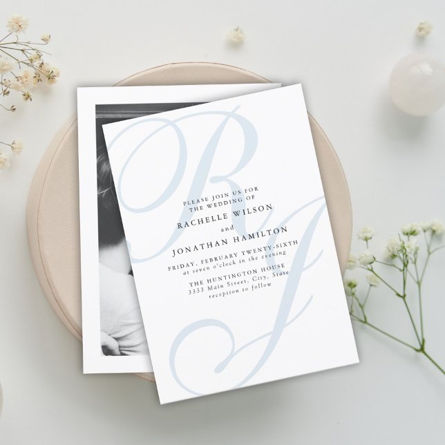 Elegant Dusty Blue White Monogram Wedding Invitation (Creator Uploaded)